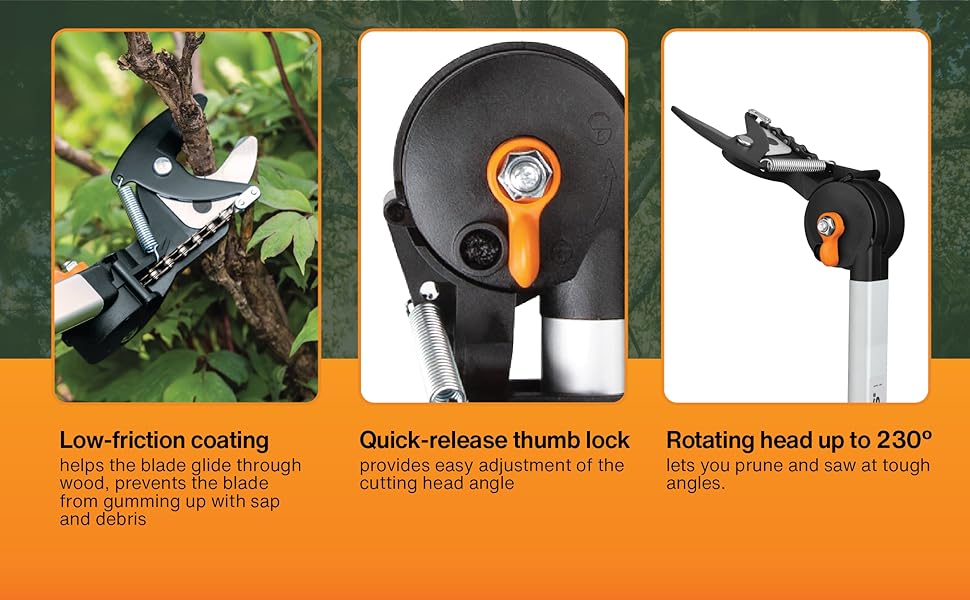 Pruning Stik features low friction blade coating quick release lock and 230 degree rotating head