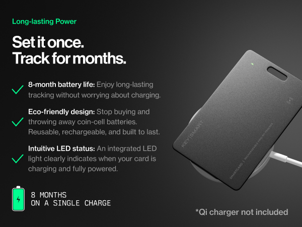 Text reads 'Long-lasting Power. Set it once. Track for months. 6-month battery life: Entry lasting tracking without recurring charging. Slim design: Fits easily in wallets and pockets. Streaming data: Real-cell batteries. Intuitive LED status: An integrated LED light indicates when your card is active. RECYCLED &amp; A SINGLE CHARGE *Qi charger not included'. Black rectangular tracking card device with integrated LED indicator and rechargeable battery.