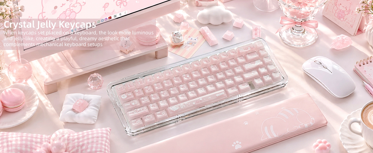 Clear Jelly Keycaps, Pink Cat Shine Through Keycaps Thick PC+ABS Crystal Translucent Keycaps