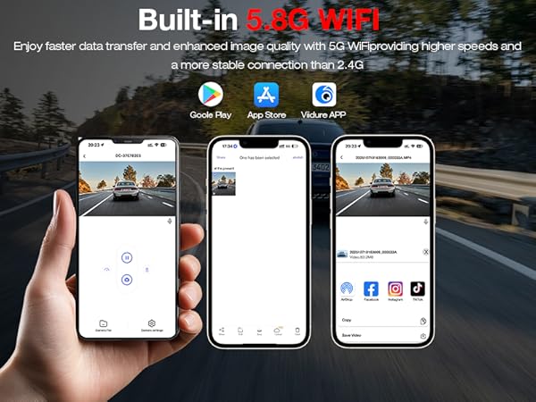 Text reads 'Built-in L + R MIC'. Multiple smartphone interface screenshots showing app screens with sharing and social media icons in a horizontal layout demonstration.