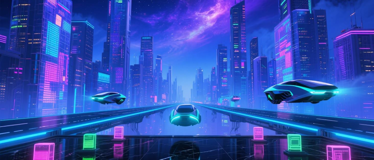 Futuristic cityscape at night with neon-lit buildings in purple and blue tones. Flying vehicles traverse between illuminated structures.