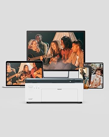 White printer device displayed with multiple screens showing video content across laptop, tablet, and phone devices.