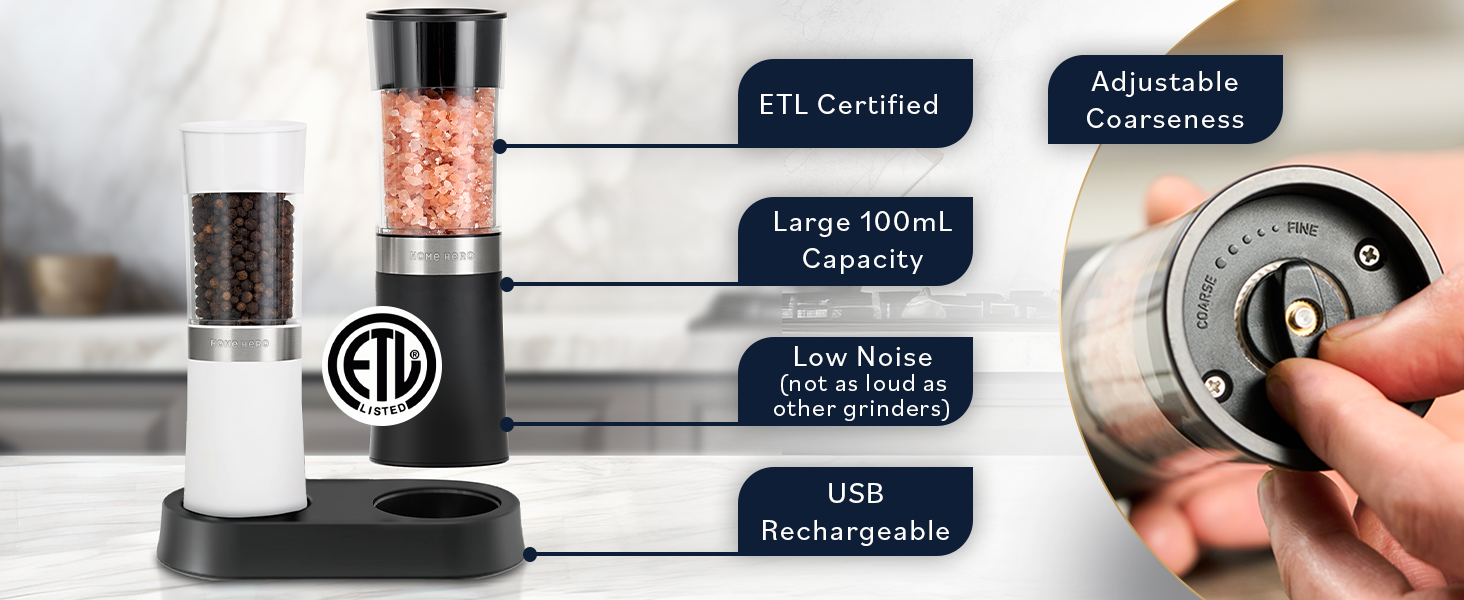 home hero battery operated salt and pepper grinder set features, ETL certification badge 