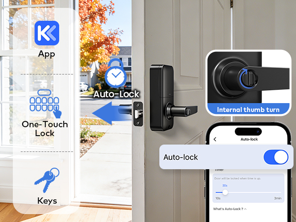 Multiple lock methods: APP, auto-lock (10–180s), one-touch, and key