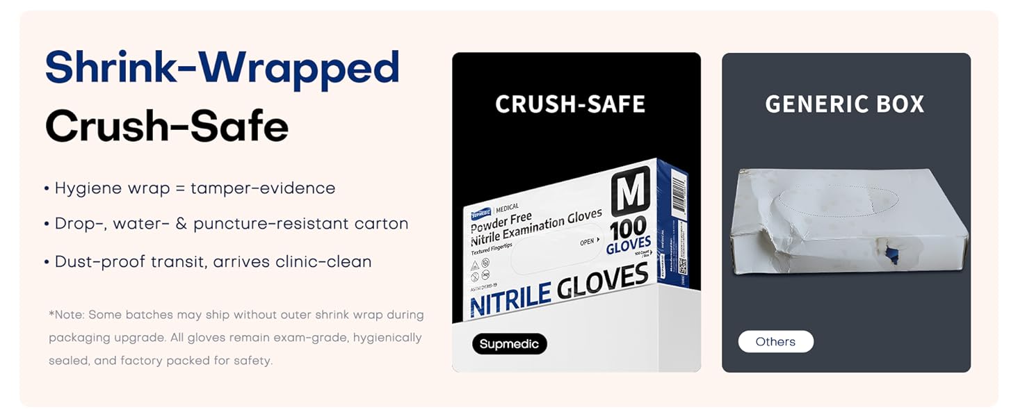 Supmedic gloves with shrink wrapped package safe and crush safe