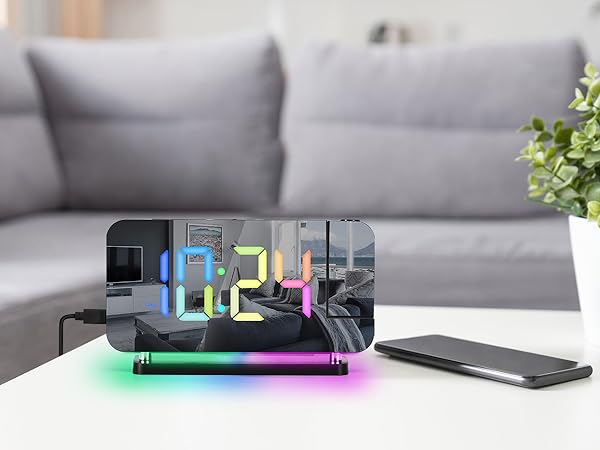 projection led mirror digital alarm clock with rgb night light