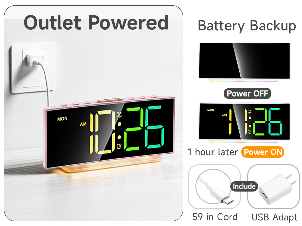 USB power adapter included 59 inch cord outlet powered clock with battery backup for power outage