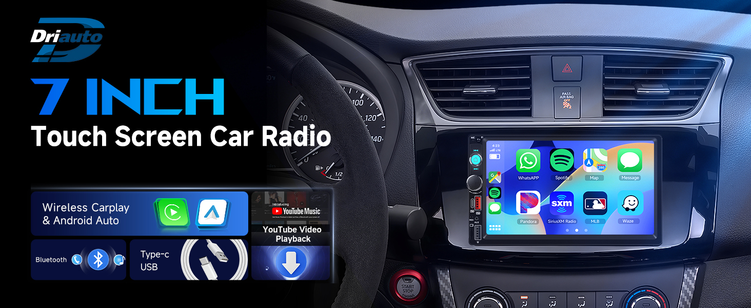 Double Din Car Stereo Bluetooth Wireless Carplay Android Auto-7 inch