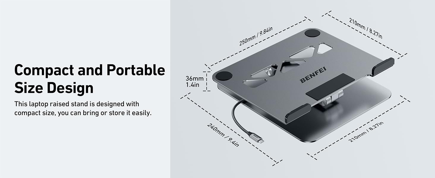 Text reads 'Compact and Portable Size Design'. Technical diagram showing dimensions and measurements of a sleek electronic device with USB ports.