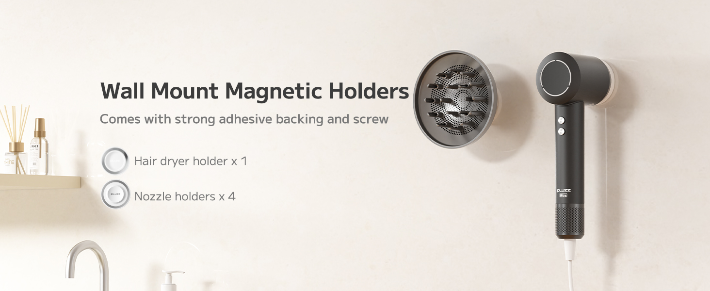 Wall-mounted magnetic holder for hair dryer and nozzles. Gray circular base with strong adhesive backing. Includes one large holder for dryer and four smaller ones for attachments.