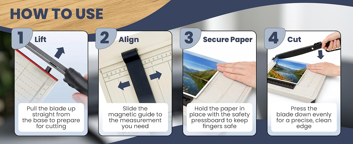 To use heavy duty guillotine paper cutter: lift blade, align &amp;amp; secure paper, cut straight edges