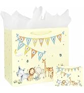 13" Large Baby Boy Girl Gift Bag for Baby Shower with Tissue Paper and Greeting Card (Yellow)