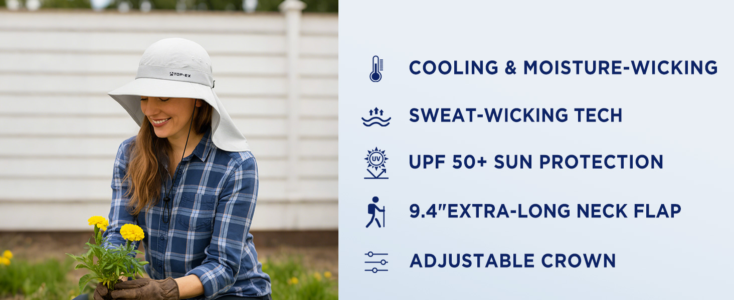 Woman wearing cooling sun hat with long neck flap while gardening, featuring UPF 50+