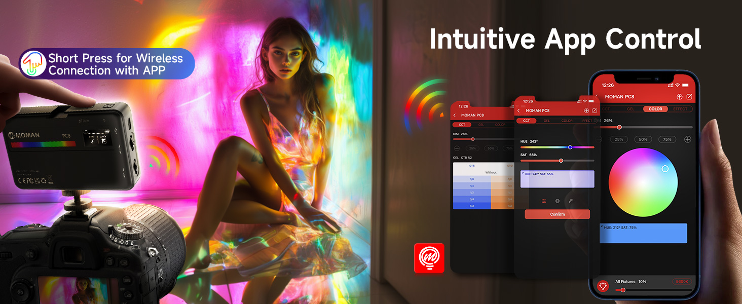 Mobile app interface showing RGB color control panels and wireless connection features, with red and black color scheme.