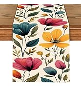 Watercolor Floral Table Runner – Elegant Red, Blue &amp; Purple Blooms on Beige, 13x72 Inch Linen-Loo...