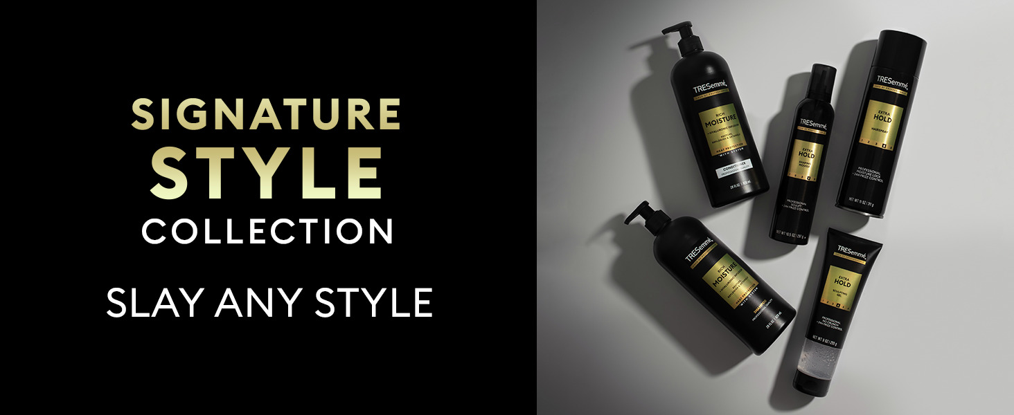 Text on a black backdrop next to TRESemmé black bottles with green labels on a sleek white surface.