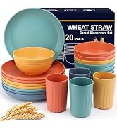 HOTEC Unbreakable Wheat Straw Cereal Bowls,Plates and Cups Set, BPA Free Dinnerware Sets, Microwa...