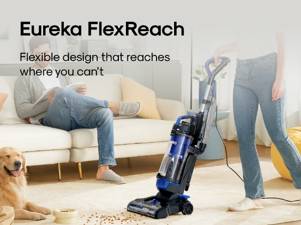 Mom, Dad, kids, and the dog are all in the living room. Mom is using a Eureka vacuum.