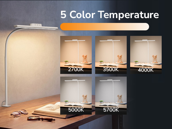 Text reads '5 Color Temperature'. Demonstration of lamp lighting showing five different color temperatures from 2700K to 5700K in sequential panels.