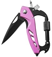 Pink Multitool Carabiner Knife for Women Men,Survival Gear for Camping Hiking,EDC Carabiners, 6-i...