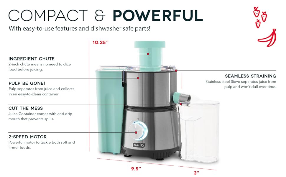 Compact and Powerful, dishwasher safe parts, ingredient chute, 2 speed motor, seamless straining