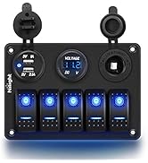 Nilight - 90118H 5 Gang Rocker Switch Panel Pre-Wired Aluminum Switch Panel with Dual USB Cigaret...