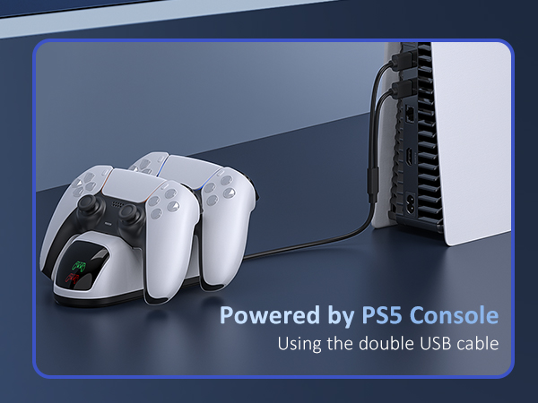Powered by the PS5 console, the dock charges via dual USB cables.