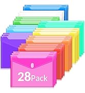 Sooez 28 Pack Plastic Envelopes, Plastic File Folders for Documents, Clear School Folder, Colored...