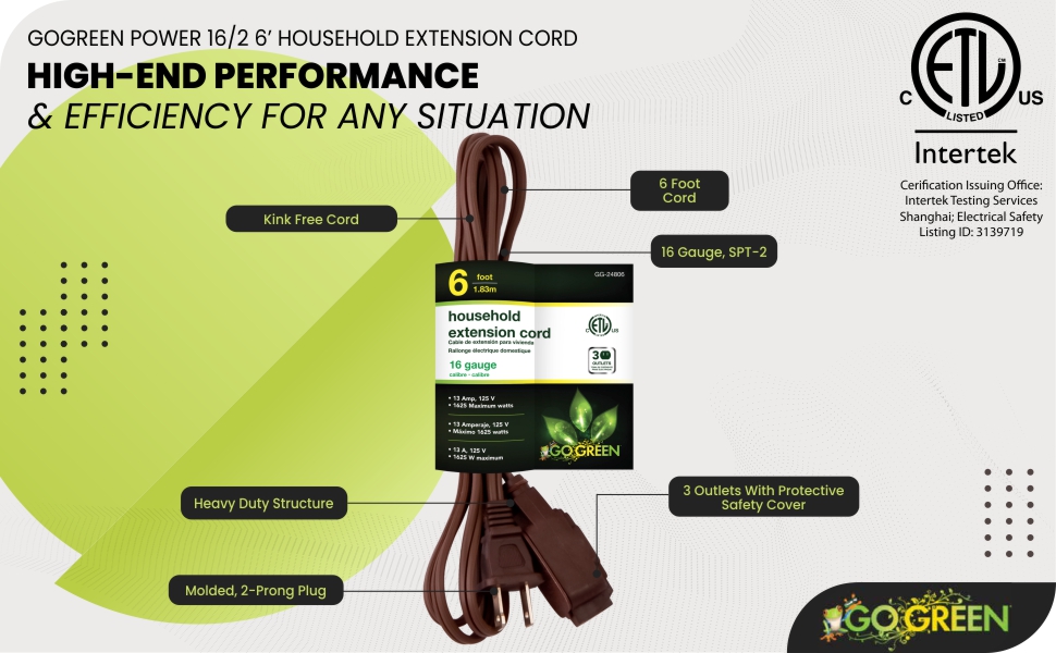 GoGreen Power (GG-24806) 16/2 6’ Household Extension Cord, 3 Outlets, Brown, 6 Ft