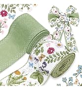 JarThenaAMCS Green Wildflowers Wired Edge Ribbon Retro Wild Floral Craft Ribbon Spring Fabric Rib...