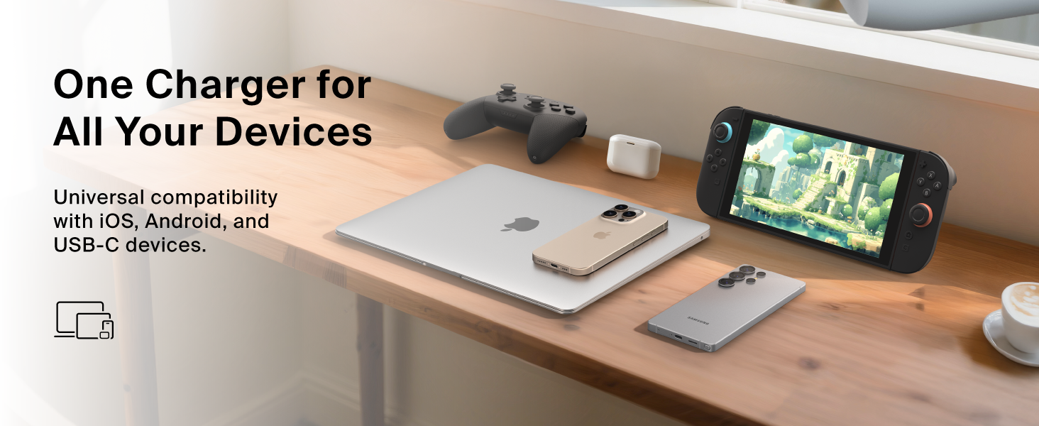 Image of multiple chargable devices with text reading one charger for all your devices.