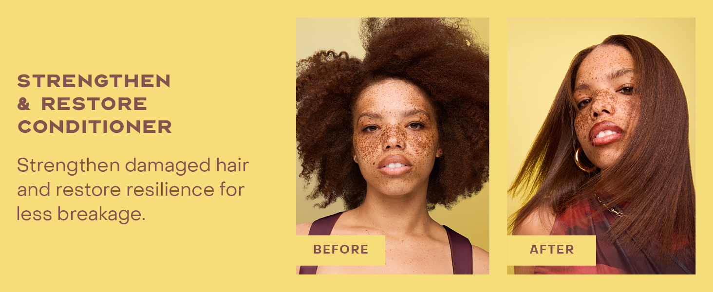 2 images of the same woman before &amp;amp; after applying our treatment for healthy-looking hair.