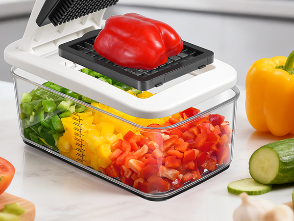 Series of food preparation images showing fresh vegetables being cut and stored in clear containers. Demonstrates food storage system with various produce items.