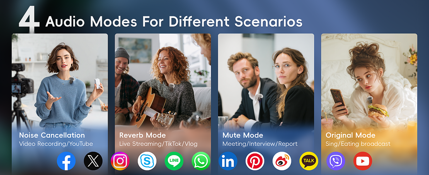 DSP wireless Lavalier mic featuring noise reduction, reverb, mute, and clear original audio