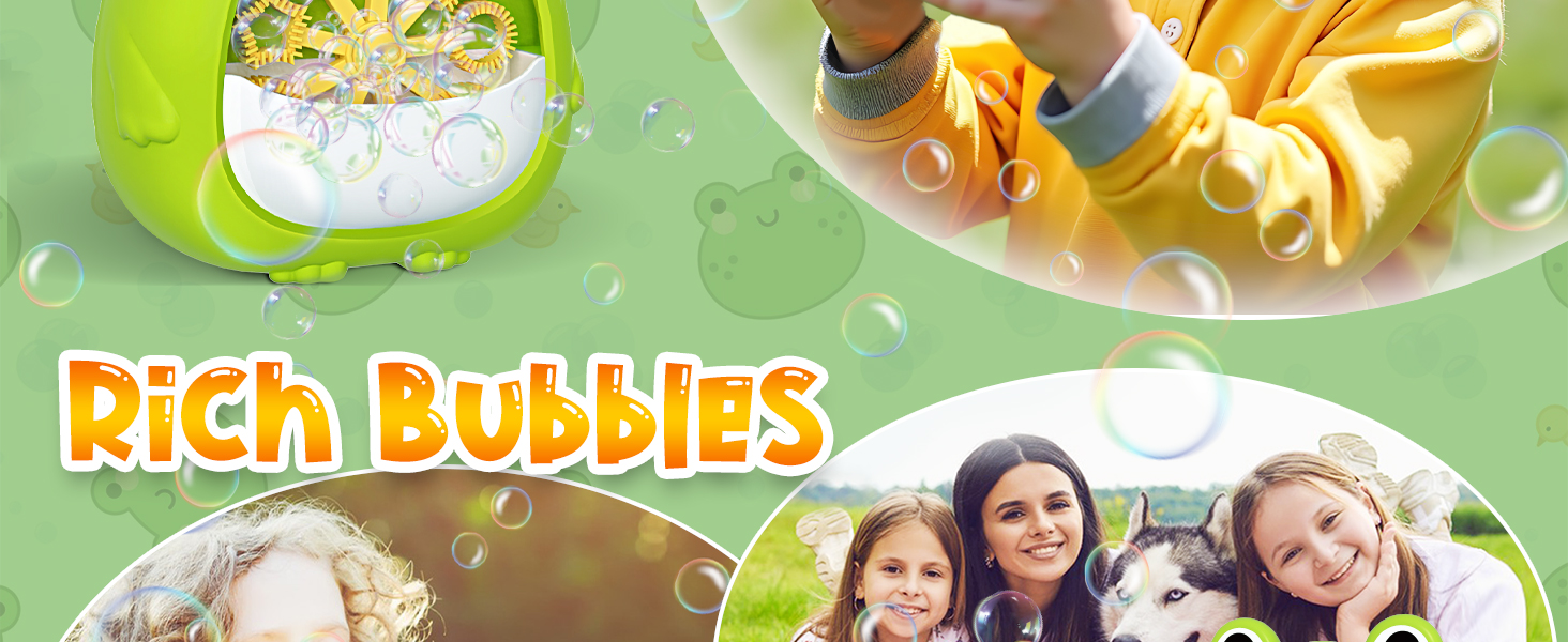 Colorful bubble machine with transparent dome, producing numerous bubbles. 'Rich Bubbles' text overlaid. Green background with partial views of children and bubbles.