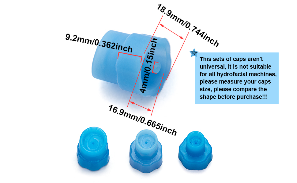 Three small blue silicone tips with dimensions labeled. Largest measures 18.9mm/0.744inch height. Text warns about compatibility with hyponasal machines.