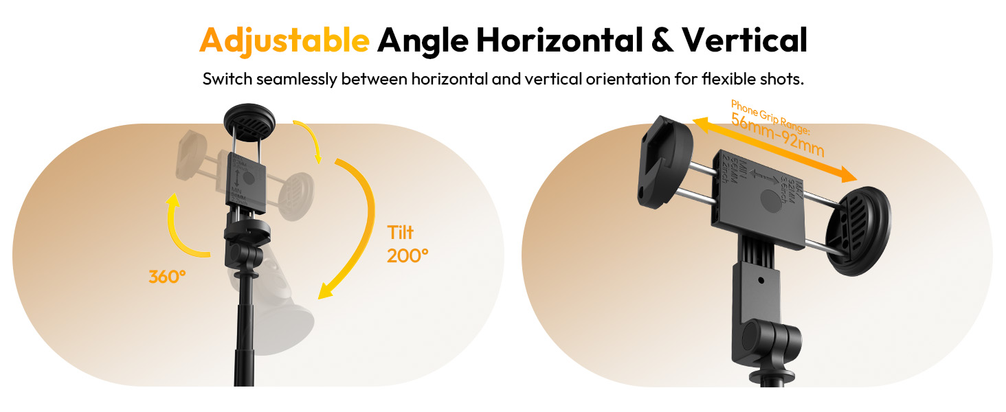 360° rotation, 200° tilt, 2.2&amp;#34;-3.6&amp;#34; adjustable phone mount for flexible horizontal/vertical shots.