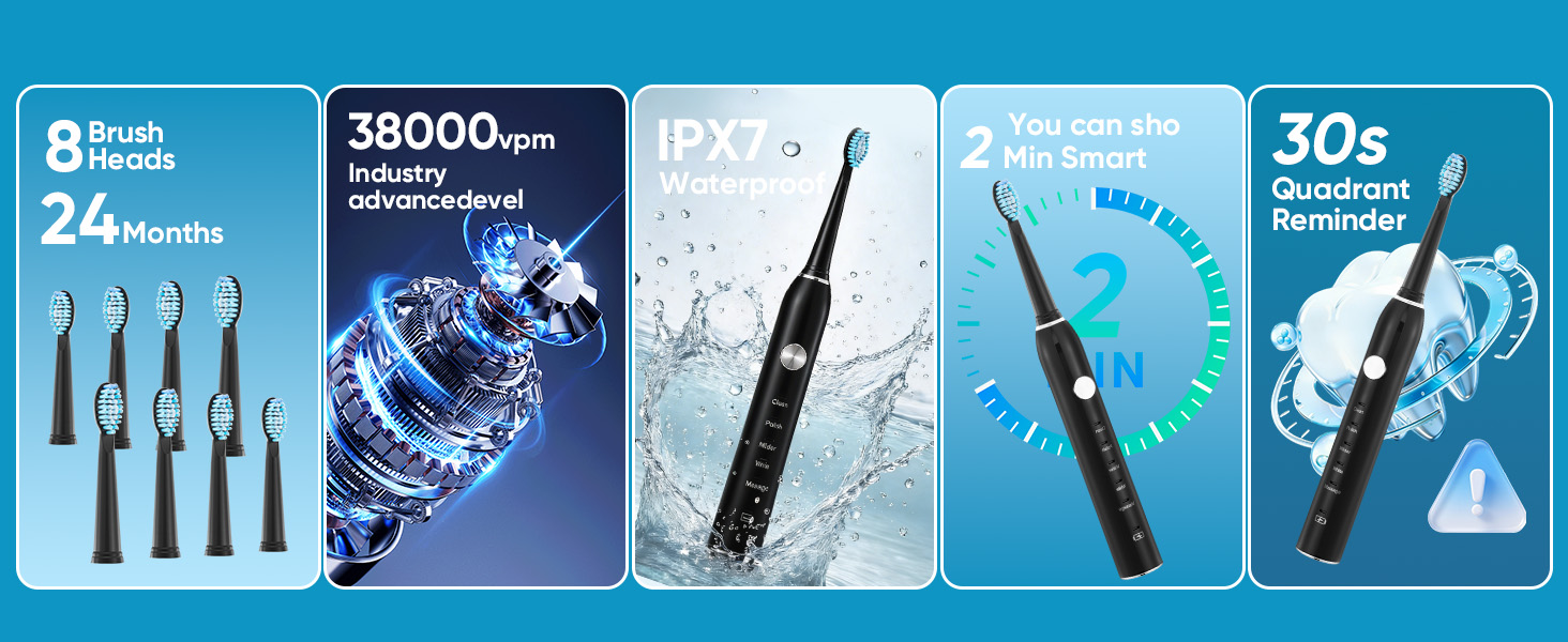 38000 rpm sonic toothbrush advertisement showing 4 brush heads, water splash effects, and time indicators showing 2-minute timer and 30-second interval features.