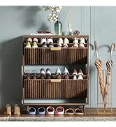 QIVOMIX Shoe Cabinet Storage,Modern Freestanding Organizer with 2 Flip Drawers,Narrow Shoe Rack C...