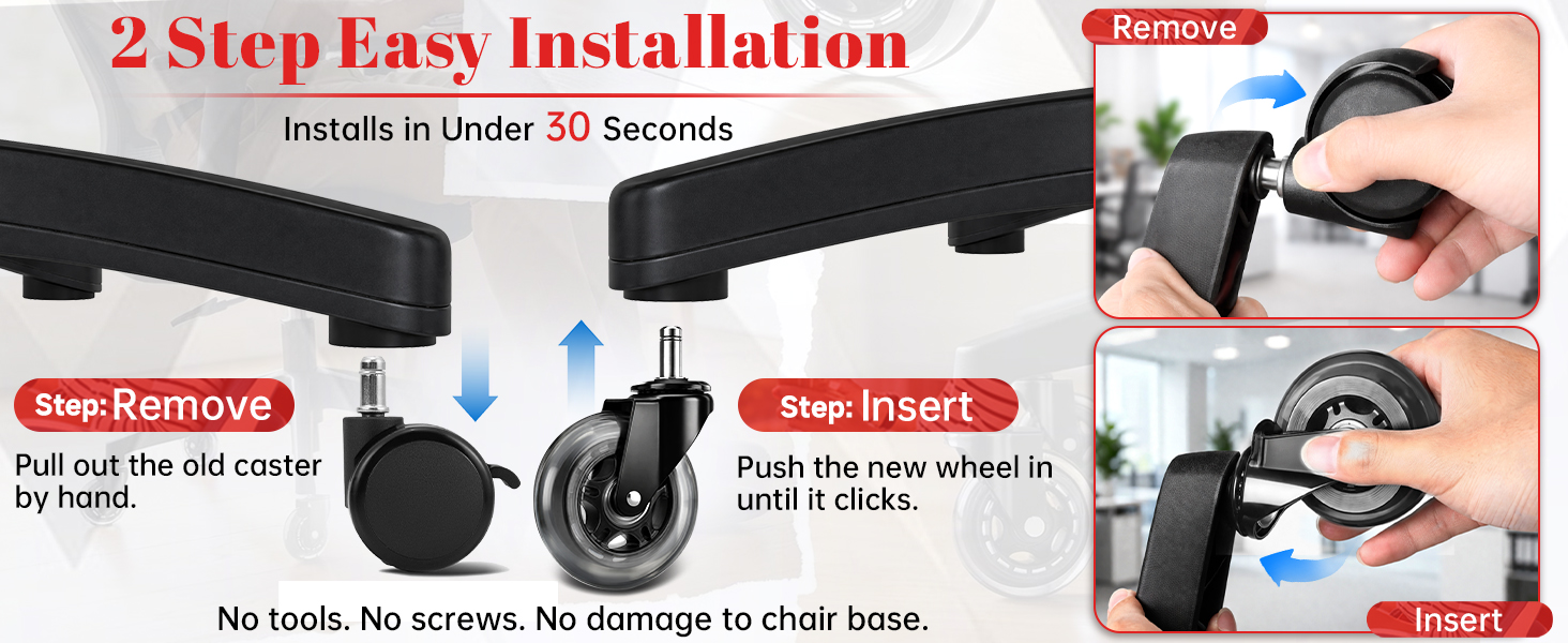 office chair wheels replacement, easy install, remove old caster, insert new wheel