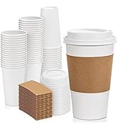 [50 Pack] White Coffee Cups with White Dome Lids and Brown Sleeves - 16oz Disposable Paper Coffee...