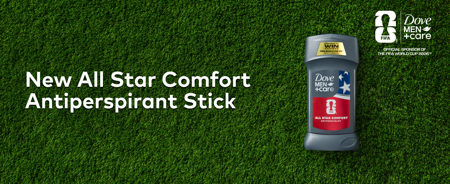 Top view of a soccer field with a Dove Men+Care All Star Comfort Antiperspirant Stick, with text.