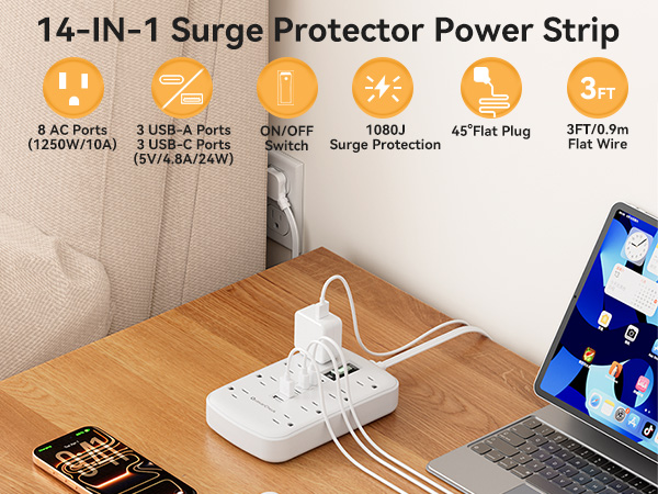 White Extension Cord 3 Feet Surge Protector-8 AC Outlets with 6 USB Ports (3 USB-C)