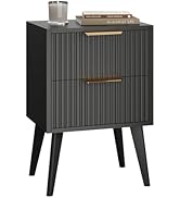 YAUKOMEL Fluted Nightstand with 2 Drawers,Modern Bedside Table with Metal Handles,White Side Tabl...