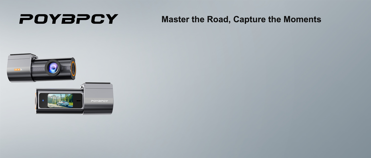 Dual-lens dashboard camera with front and rear views. Features a small display screen and sleek metallic design. Tagline reads 'Master the Road, Capture the Moments'.