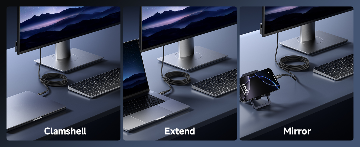 3 modes: Clamshell, extend, mirror