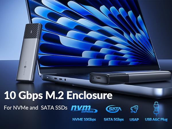 NVME Enclosure, SETMSPACE Tool-Free M.2 Enclosure with 2-in-1 USB C Adapter, External Reader