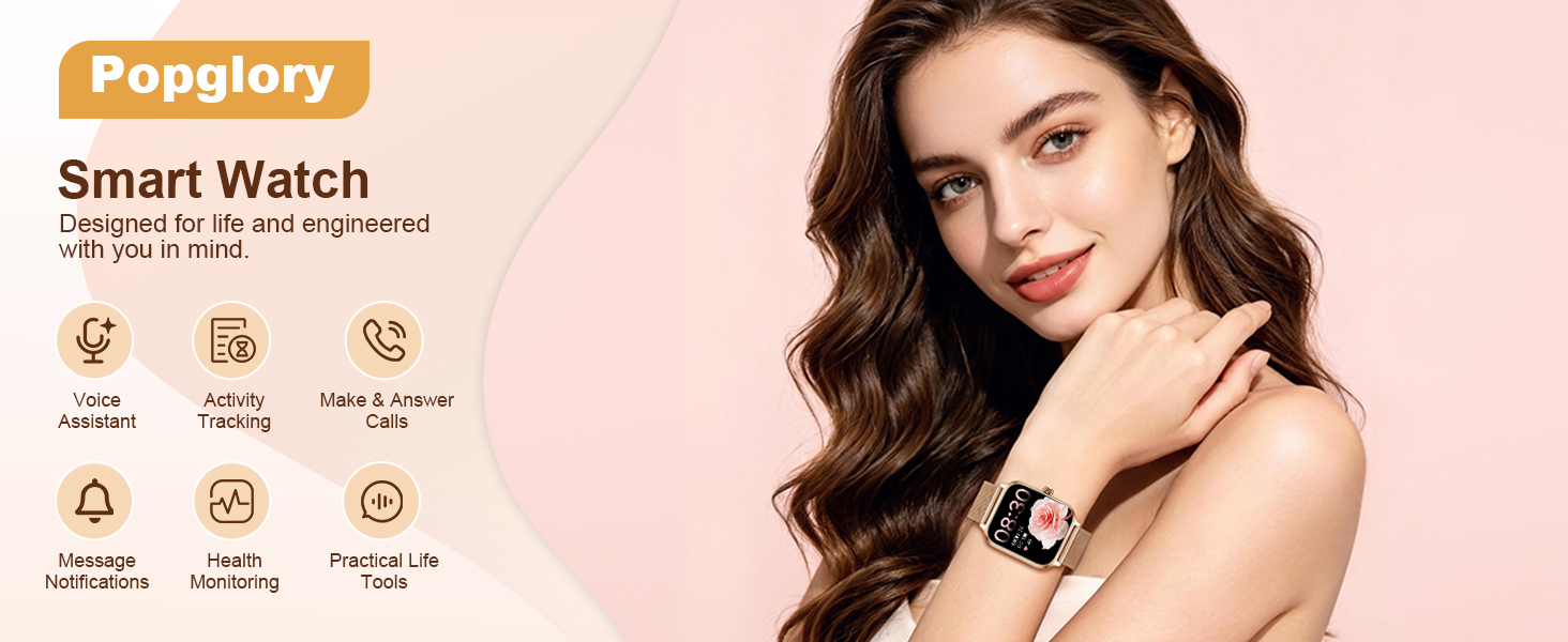 Text reads "Popsglory", "Smart Watch", "Designed for life and enjoyment", with feature icons. Woman wearing rose gold smartwatch on pink background, displaying product name and multiple health/activity monitoring icons.