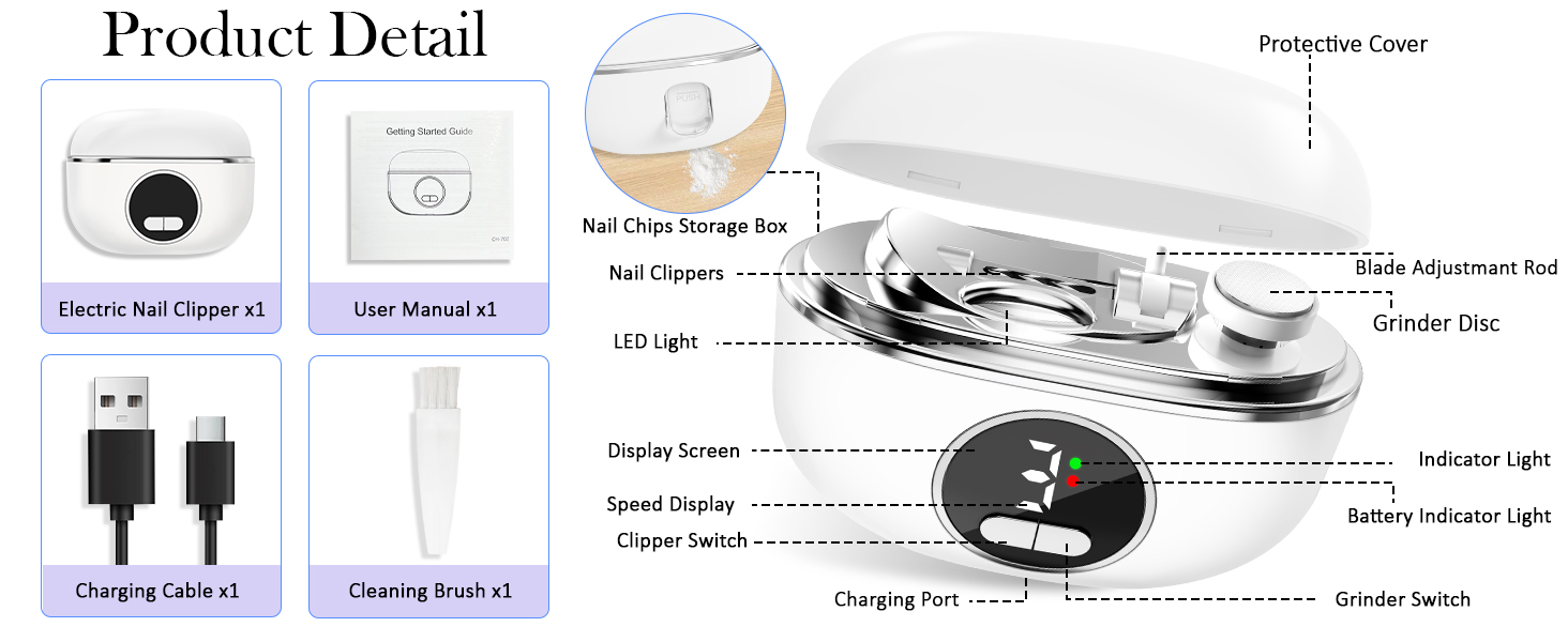 3-in-1 Electric Nail Clipper with 3-Speeds Setting and 0.8/1.6mm Dual Trimming Head