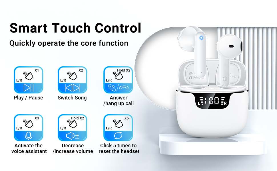 Text reads 'Smart Touch Control' with 'Quickly operate the core function'. Series of icons showing touch control features with blue circular indicators demonstrating device operation steps.